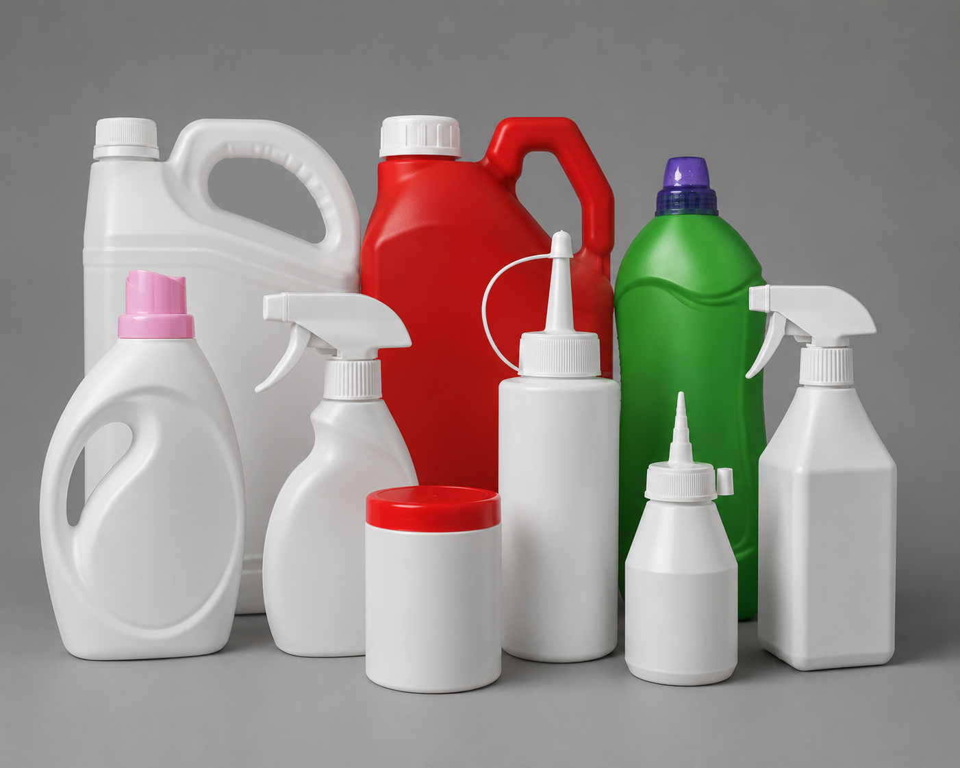 Plastic canisters, trigger spray bottles and containers for household chemicals