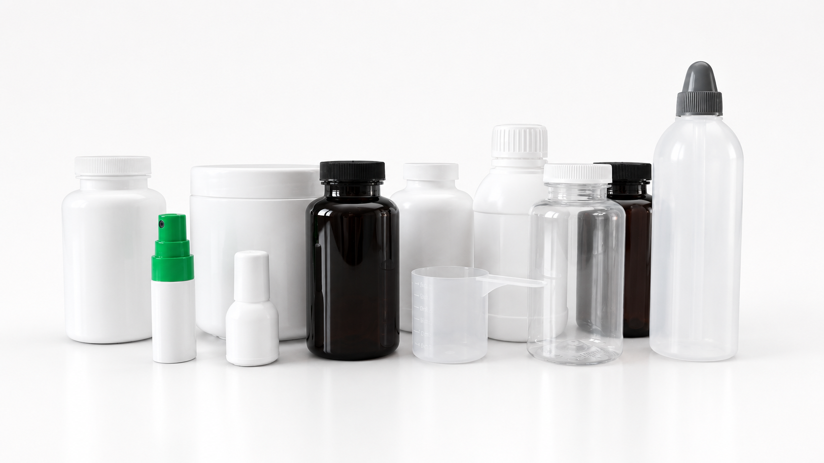 Białe, przezroczyste i ciemne butelki oraz pojemniki farmaceutyczne z tworzywa sztucznego