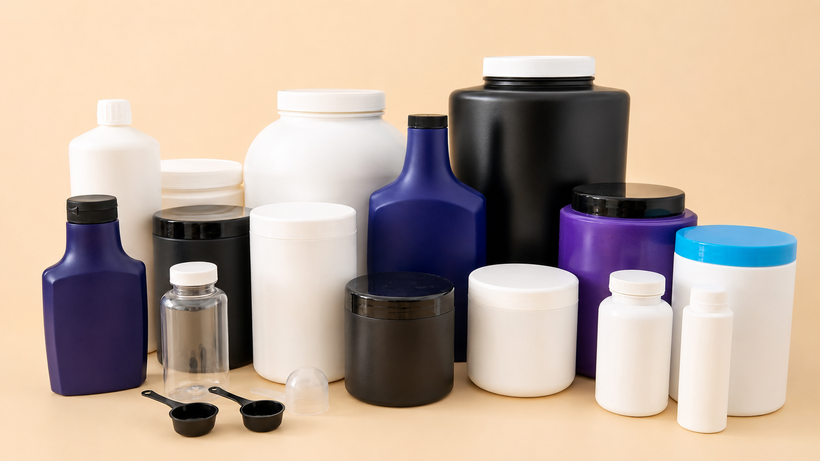 Plastikowe słoje i butelki z nakrętkami oraz miarki do produktów spożywczych