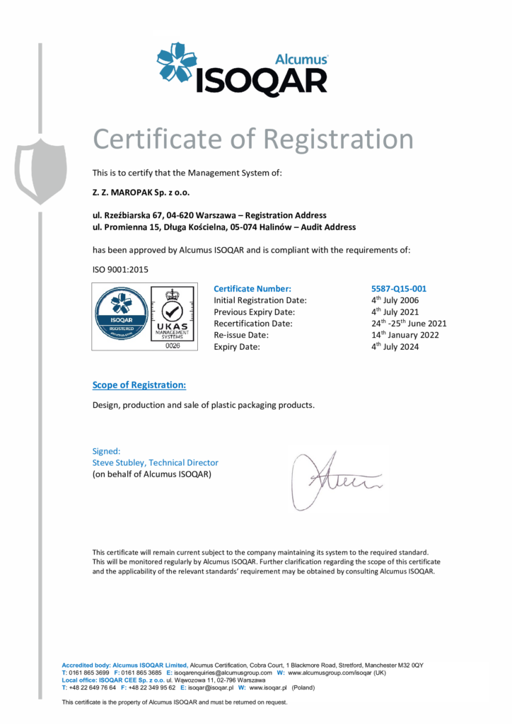 Certyfikat ISO 9001 dla Z.Z. MAROPAK Sp. z o.o.