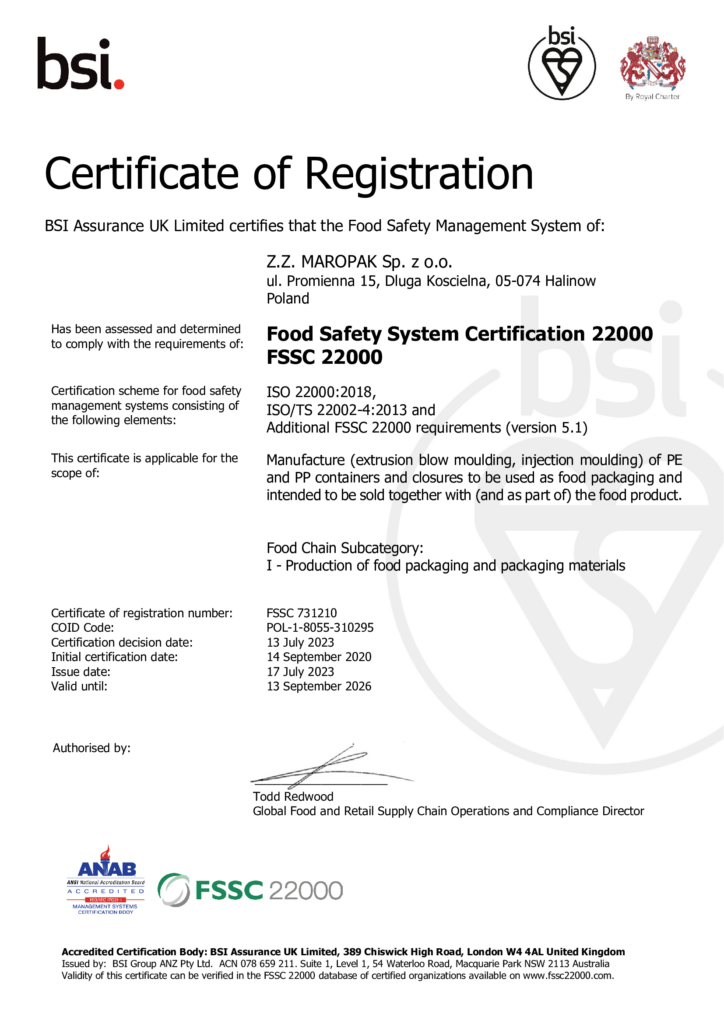 Certyfikat FSSC 22000 dla Z.Z. MAROPAK Sp. z o.o.