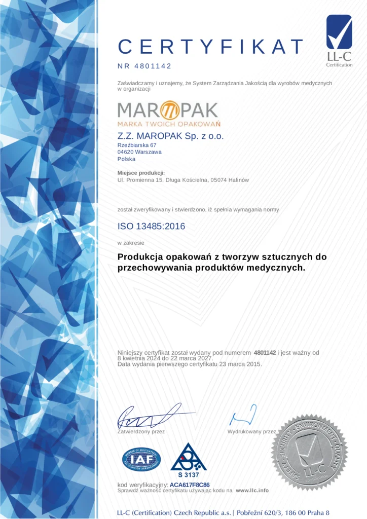 Certyfikat ISO 13485 dla Z.Z. MAROPAK Sp. z o.o.
