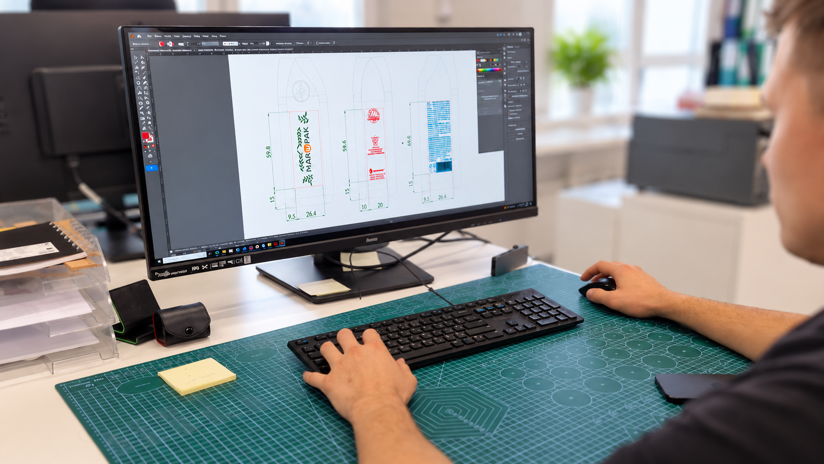 Grafik przygotowuje projekt do sitodruku na komputerze